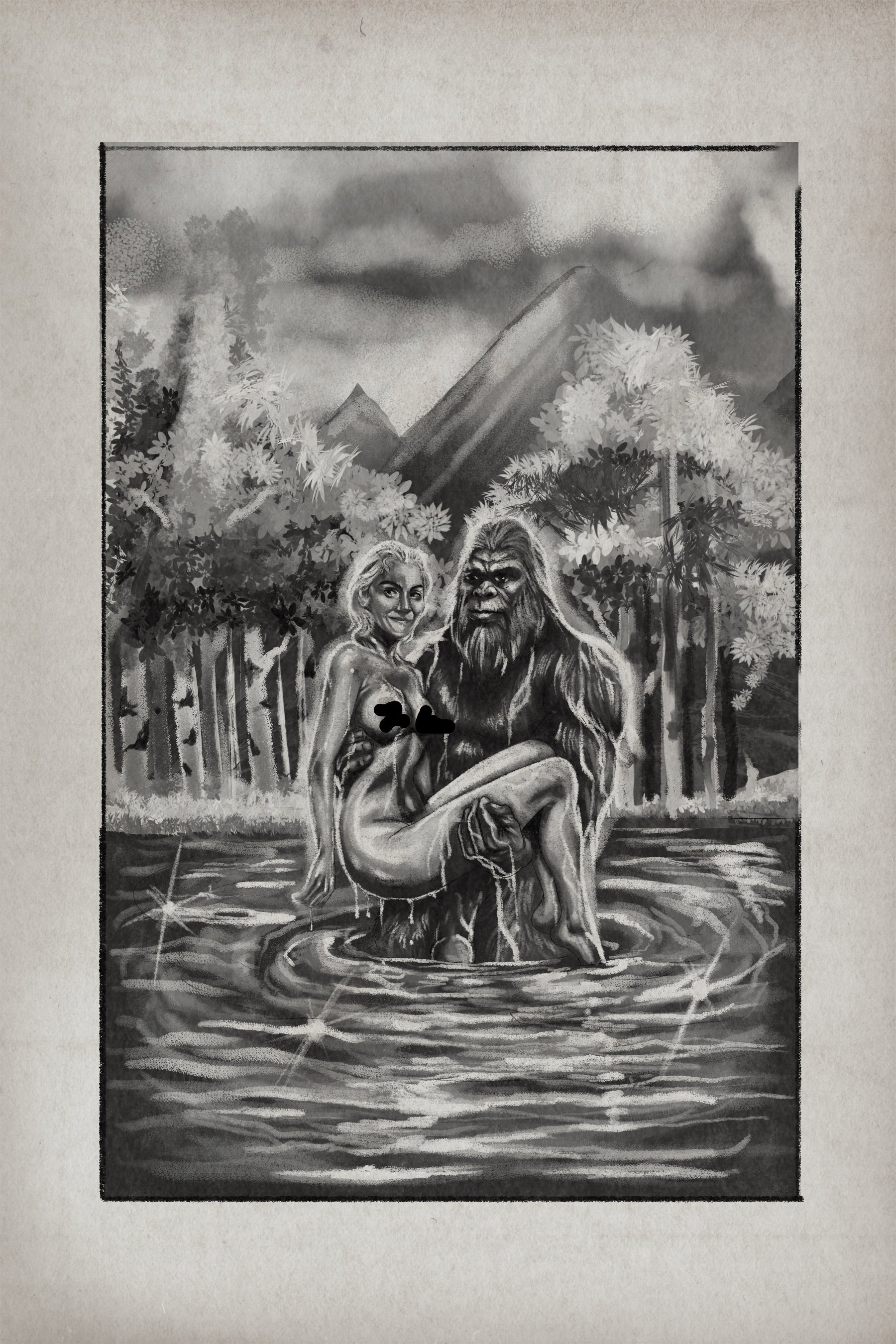 An illustration of Bigfoot carrying a woman in a mountain lake.